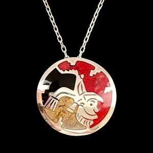 🟦SALE🟦 Vintage Taxco Mexico sterling silver and stone inlay warrior pendant